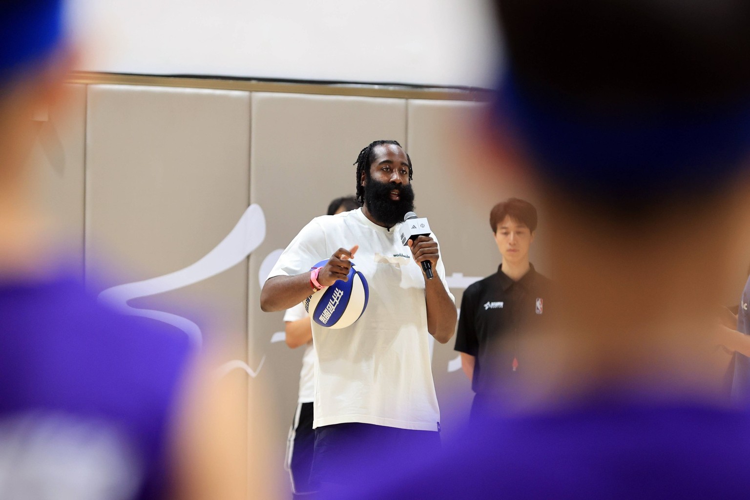 SHANGHAI, CHINA - AUGUST 13: James Harden, American basketball player for the Philadelphia 76ers of the National Basketball Association NBA, Basketball Herren, USA , speaks during his China tour on Au ...