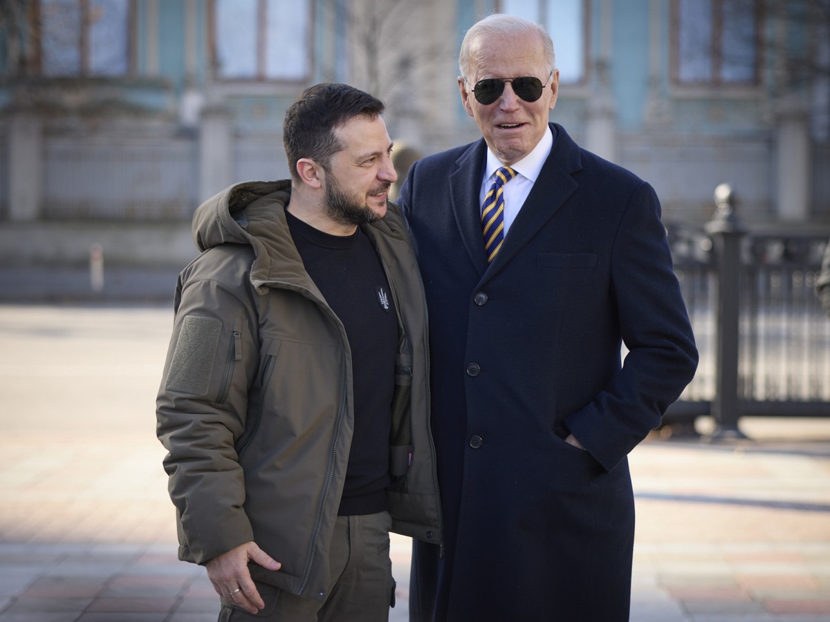 President Joe Biden, right, and Ukrainian President Volodymyr Zelenskyy talk during an unannounced visit in Kyiv, Ukraine, Monday, Feb. 20, 2023.(Ukrainian Presidential Press Office via AP)
