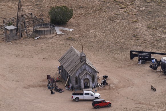 This aerial photo shows a film set at the Bonanza Creek Ranch in Santa Fe, N.M., Saturday, Oct. 23, 2021. Actor Alec Baldwin fired a prop gun on the set of a Western being filmed at the ranch on Thurs ...