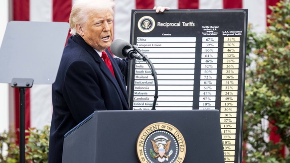 April 2, 2025, Washington, District Of Columbia, USA: President DONALD TRUMP with a chart of reciprocal tariffs at a Liberation Day event where the president signed an executive order creating recipro ...