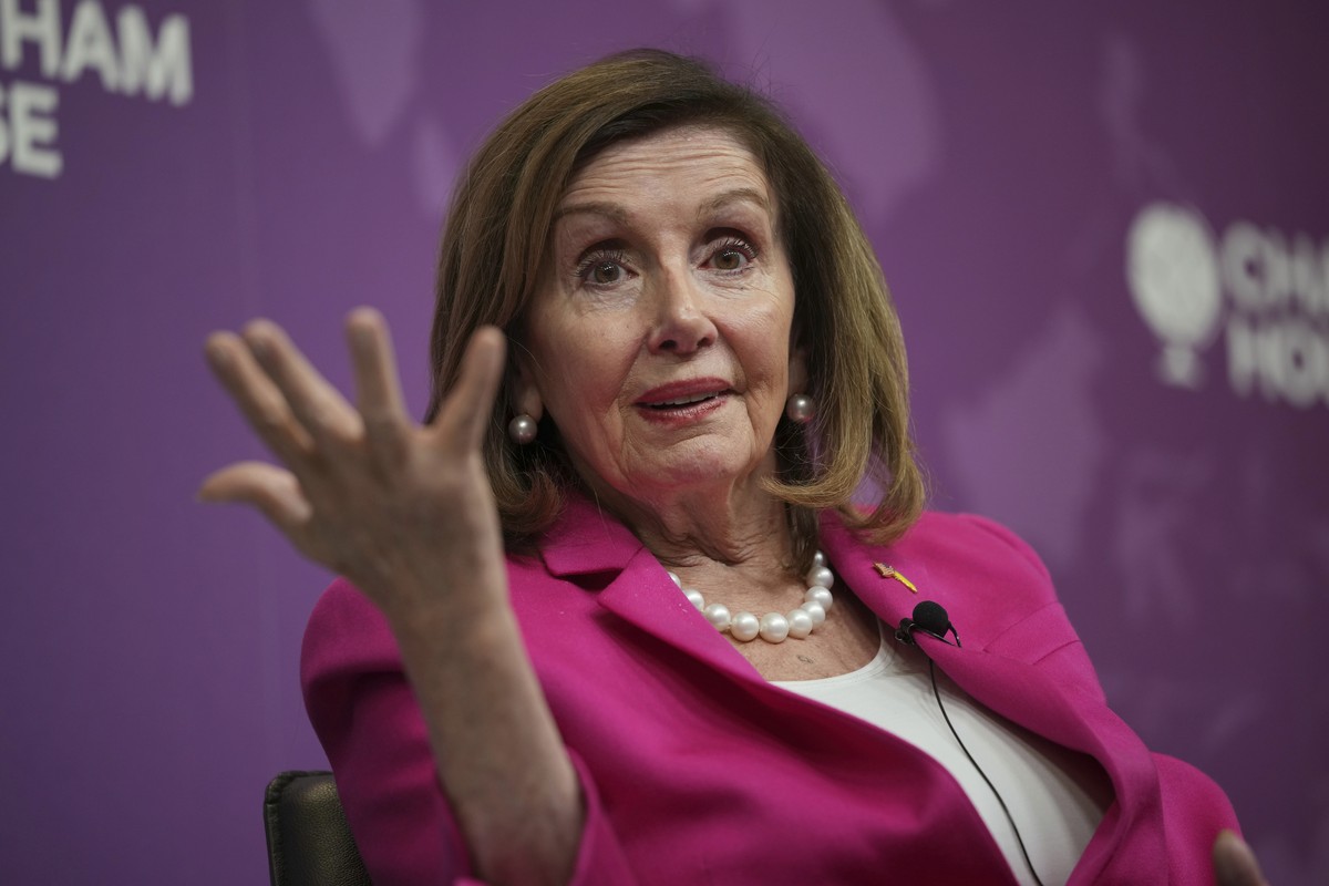 Former U.S. Speaker of the House of Representatives, Nancy Pelosi, speaks at Chatham House, to discuss challenges to American democracy and the importance of leadership in an election year, in London, ...