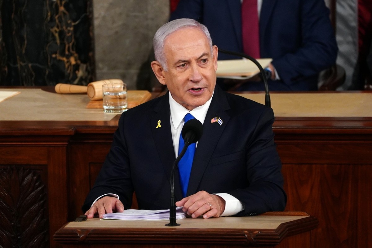 epa11494582 Prime Minister of Israel Benjamin Netanyahu delivers an address to a joint meeting of Congress in the chamber of the US House of Representatives on Capitol Hill in Washington, DC, USA, 24  ...