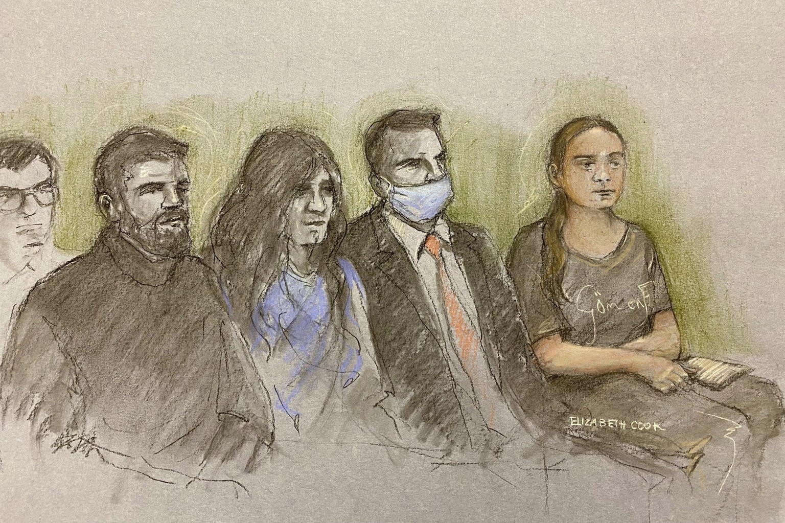 This court artist sketch by Elizabeth Cook shows Greta Thunberg, right, appearing at Westminster Magistrates&#039; Court, London, Thursday, Feb. 1, 2024. Climate activist Greta Thunberg is on trial fo ...