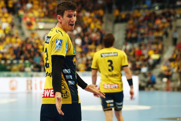 MANNHEIM, GERMANY - NOVEMBER 24: Andy Schmid of Rhein-Neckar Loewen reacts during the DKB HBL Bundesliga match between Rhein-Neckar Loewen and Fuechse Berlin at SAP Arena on November 24, 2015 in Mannh ...