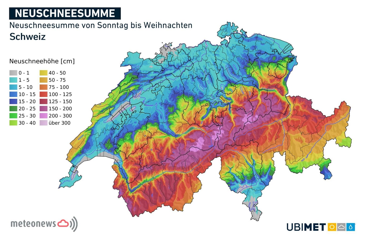 Neuschneesumme von Sonntag bis Weihnachten in der Schweiz.