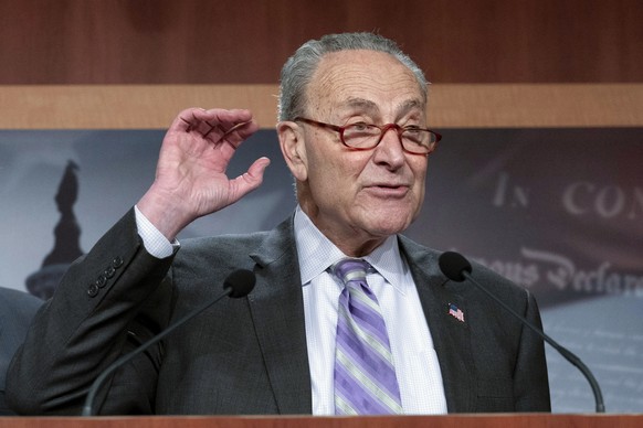 FILE - Senate Majority Leader Chuck Schumer, DN.Y., speaks at a news conference at the Capitol in Washington, Feb. 2, 2023. Schumer says the United States believes the unidentified objects were shot…