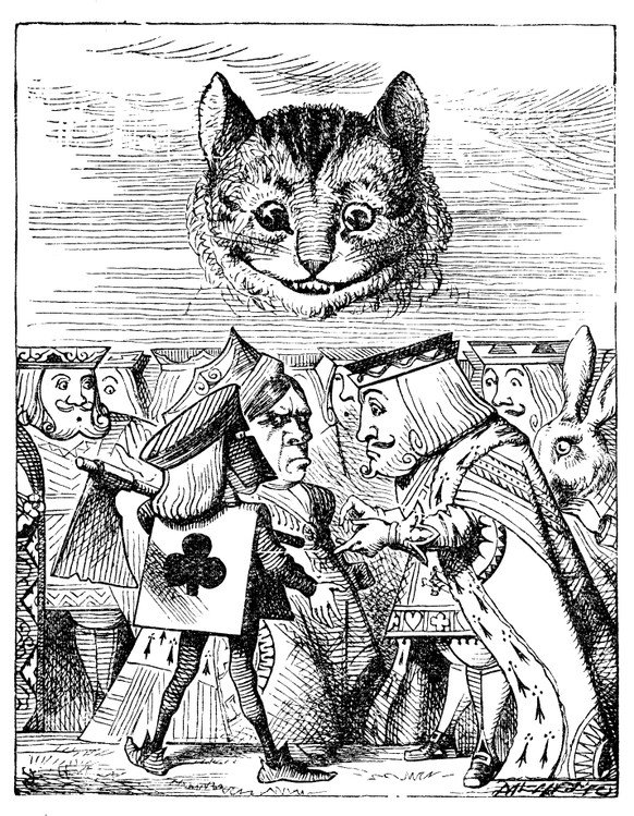 Die Cheshire Cat (dt. Grinsekatze) aus Lewis Carrolls «Alice in Wonderland» in der Originalillustration von John Tenniels, 1865. Sie grinst dauernd und wenn sie plötzlich verschwindet, bleibt ihr Grin ...