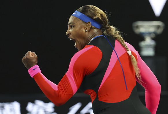 United States&#039; Serena Williams reacts after winning a point against Romania&#039;s Simona Halep during their quarterfinal match at the Australian Open tennis championship in Melbourne, Australia, ...