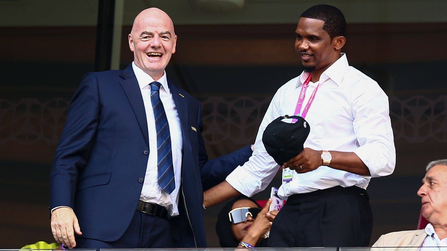 Mandatory Credit: Photo by Michael Zemanek/Shutterstock 13634919s FIFA President Gianni Infantino and former Cameroon player Samuel Eto o Cameroon v Serbia, FIFA World Cup, WM, Weltmeisterschaft, Fuss ...