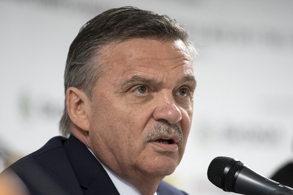 Rene Fasel, President IIHF speaks during a press conference at the Ice Hockey World Championship in Paris, France on Monday, May 8, 2017. (KEYSTONE/Peter Schneider)