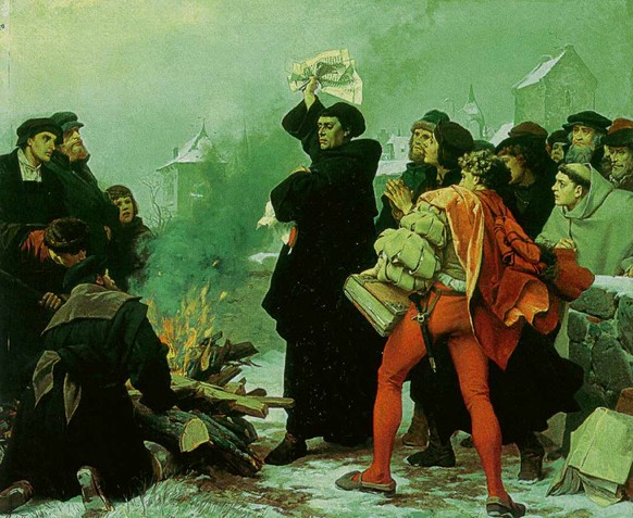 Gemälde von Paul Thumann, 1872: Martin Luther verbrennt in Wittenberg die päpstliche Bulle.