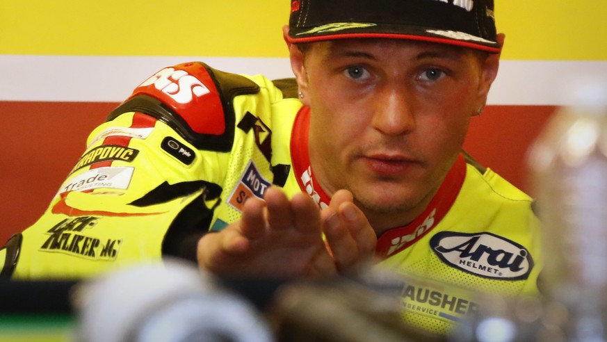 epa06683917 Kiefer Racing Moto2 Team rider Dominique Aegerter of Switzerland during free practice number three at the Motorcycling Grand Prix of the Americas at Circuit of the Americas in Austin, Texa ...