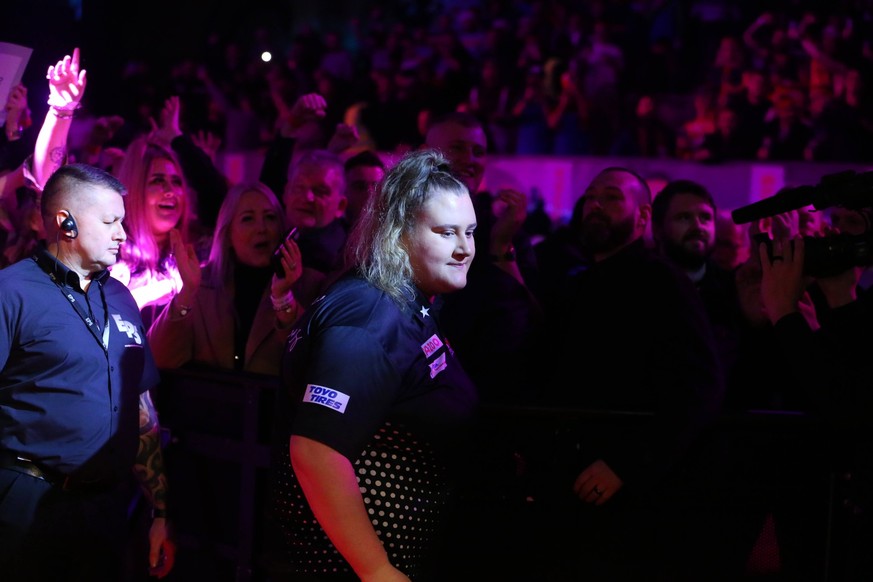 16th December 2022, Alexandra Palace, London, England 2022/23 PDC Cazoo World Darts Championships Day 2 Evening Session Beau Greaves is introduced to the crowd for her match against William O Connor.  ...