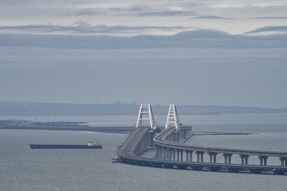 epa10524582 A general view of the Crimean Bridge in Kerch, Crimea, March 14, 2023 (released March 15, 2023).  The bridge connects the Russian mainland with the Crimean peninsula across the Kerch Strait.  In ...