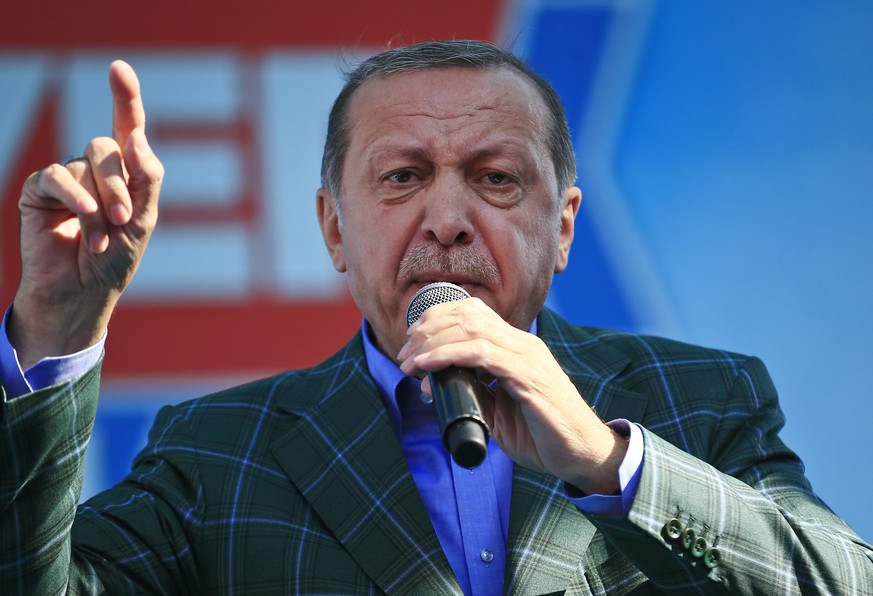 FILE - In this Saturday, April 15, 2017 photo, Turkey&#039;s President Recep Tayyip Erdogan talks to supporters during the last rally ahead of Sunday&#039;s referendum, in Istanbul. Few men can claim  ...