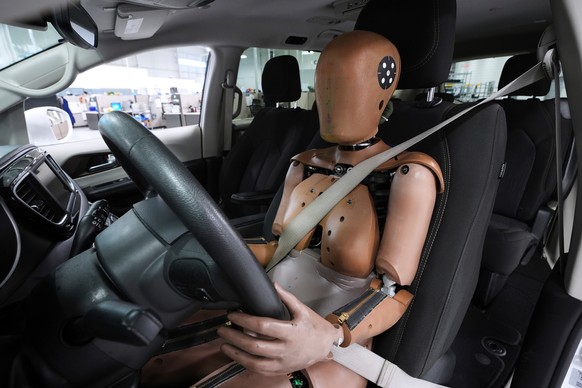 FILE - A THOR-5F female crash test dummy is shown in a driver&#039;s seat at Humanetics in Farmington Hills, Mich., June 10, 2025. (AP Photo/Paul Sancya, File)
Female Crash Test Dummy