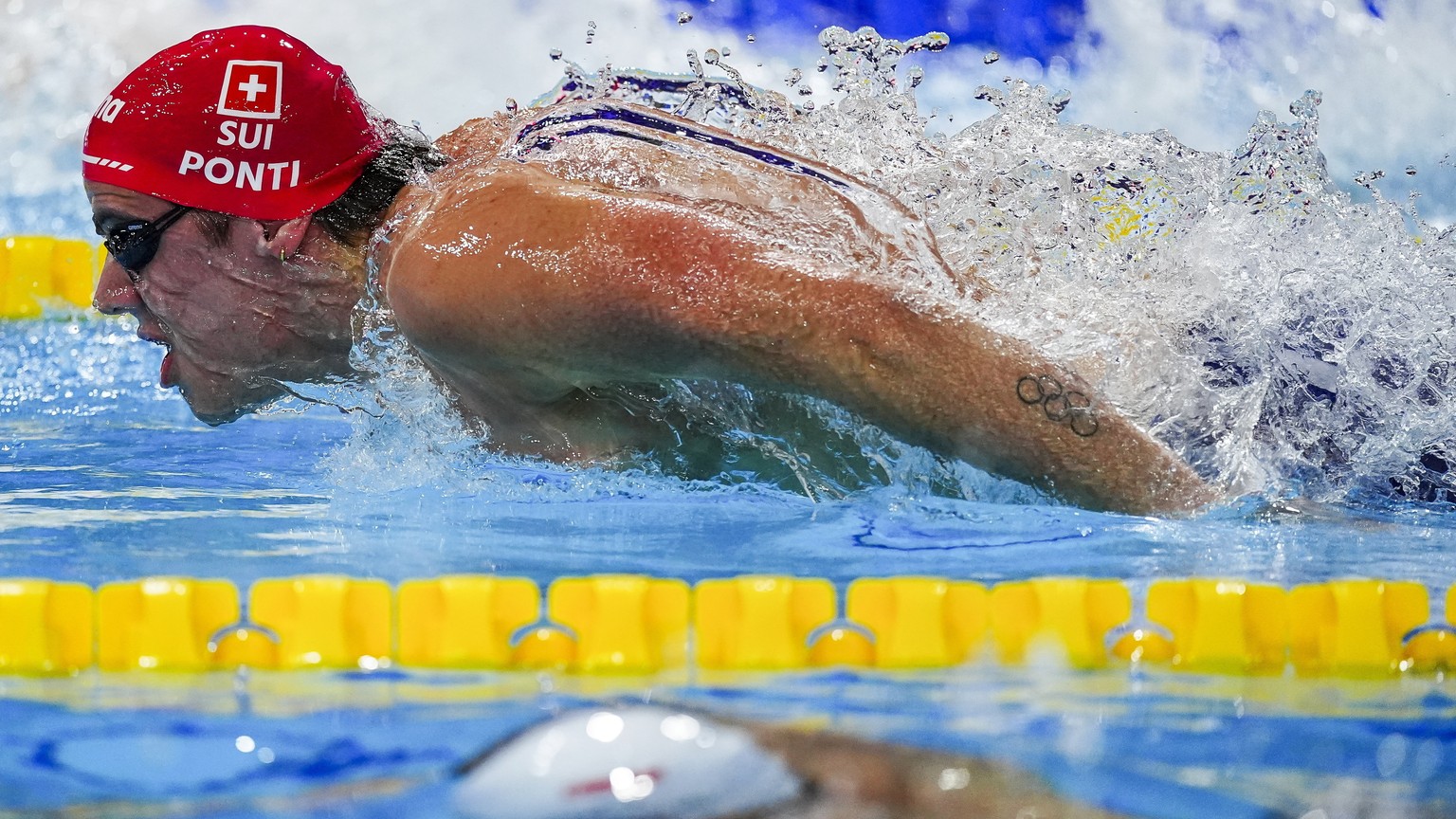 epa11774481 Noe Ponti of Switzerland competes in a heat of men&#039;s 100m butterfly at the World Aquatics Swimming Championships in Duna Arena in Budapest, Hungary, 13 December 2024. EPA/ROBERT HEGED ...