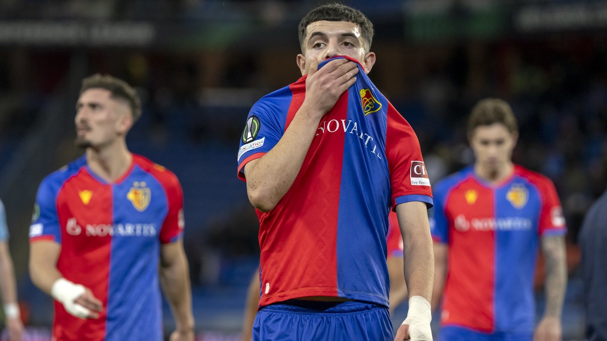 epa10512569 Basel's Zeki Amdouni reacts during the UEFA Conference League round of 16 first leg soccer match between Switzerland's FC Basel 1893 and Slovakia's SK Slovan Bratislava at t ...