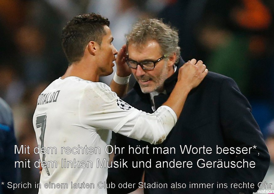 Real Madrid&#039;s Cristiano Ronaldo, left, talks with PSG headcoach Laurent Blanc after their Group stage of Champions League Group A soccer match at the Santiago Bernabeu stadium in Madrid, Spain, T ...