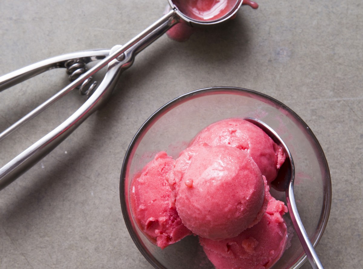 This undated photo provided by America's Test Kitchen in May 2018 shows raspberry sorbet in Brookline, Mass. This recipe appears in the cookbook “Vegan For Everybody.” (Steve Klise/America's ...