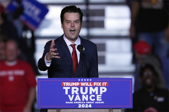 Rep. Matt Gaetz, R-Fla., speaks before Republican presidential nominee former President Donald Trump speaks at a campaign rally at Lee&#039;s Family Forum, Thursday, Oct. 31, 2024, in Henderson, Nev.  ...