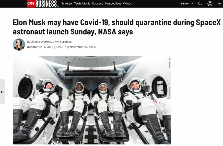 NASA-Chef Jim Bridenstine sagte am Freitagmorgen an einer routinemässigen Pressekonferenz zu nachfragenden Reportern, dass Musk nach den Richtlinien der NASA unter Quarantäne gestellt werden sollte und SpaceX abkläre, wer mit ihm in Kontakt gekommen sein könnte.