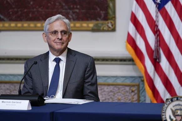 Attorney General Merrick Garland arrives to attend a virtual meeting with President Joe Biden in the Indian Treaty Room in the Eisenhower Executive Office Building on the White House Campus in Washing ...