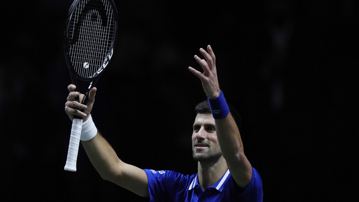 FILE - Serbia's Novak Djokovic after defeating Croatia's Marin Cilic during their Davis Cup tennis semi-final match at Madrid Arena in Madrid, Spain, on Dec. 3, 2021. Top-ranked Novak Djokov ...