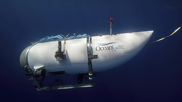 This photo provided by OceanGate Expeditions shows a submersible vessel named Titan used to visit the wreckage site of the Titanic. In a race against the clock on the high seas, an expanding internati ...
