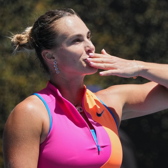 Aryna Sabalenka of Belarus celebrates after defeating Bai Zhuoxuan of China in their second round match at the Australian Open tennis championship in Melbourne, Australia, Wednesday, Jan. 21, 2026. (A ...