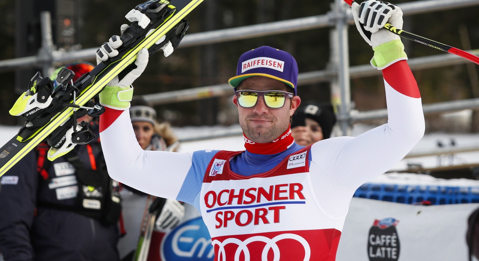 Switzerland&#039;s Beat Feuz celebrates his first place finish following the men&#039;s World Cup downhill ski race at Lake Louise, Alberta, Saturday, Nov. 25, 2017. (Jeff McIntosh/The Canadian Press  ...