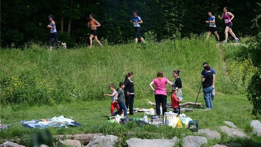 Jogger und Picknicker in den Langen Erlen in Basel.