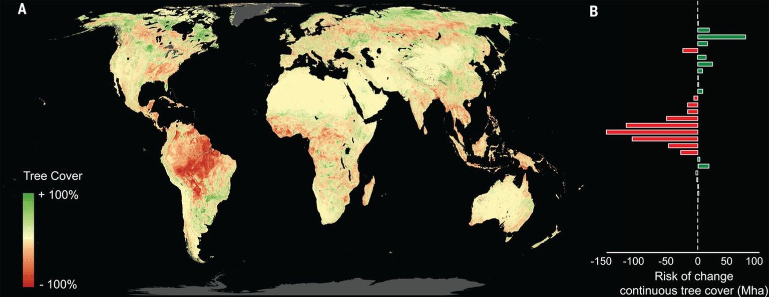 Risk assessment of future changes in potential tree cover.
(A) Illustration of expected losses in potential tree cover by 2050, under the “business as usual” climate change scenario (RCP 8.5), from th ...