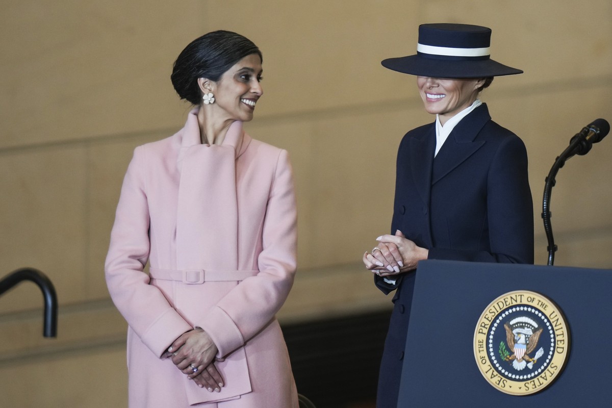 Usha Vance, left, and first lady Melania Trump stand at Emancipation Hall after the 60th Presidential Inauguration in the U.S. Capitol in Washington, Monday, Jan. 20, 2025. (Angelina Katsanis/Pool Pho ...