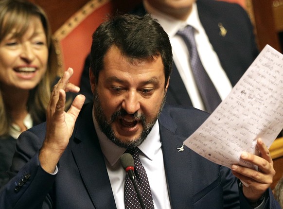 Former Deputy Premier, the League&#039;s Matteo Salvini makes his statement at the Senate ahead of a second confidence vote for Italian Premier Giuseppe Conte&#039;s coalition government, in Rome, Tue ...