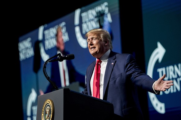 President Donald Trump speaks at the Turning Point USA Student Action Summit at the Palm Beach County Convention Center in West Palm Beach, Fla., Saturday, Dec. 21, 2019. (AP Photo/Andrew Harnik)
Dona ...