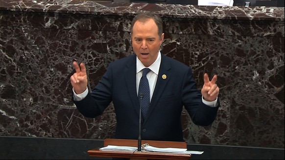 In this image from video, House impeachment manager Rep. Adam Schiff, D-Calif., speaks during the impeachment trial against President Donald Trump in the Senate at the U.S. Capitol in Washington, Wedn ...