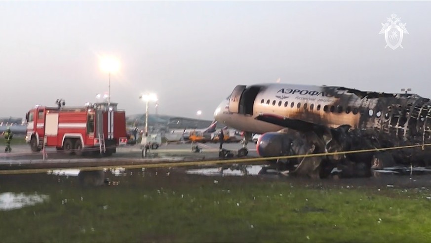 epa07550486 A still image taken from handout video footage released 06 May 2019 by the Russian Investigative Committee (Sledcom) shows the Sukhoi Superjet 100 of the Russian airline Aeroflot at Sherem ...
