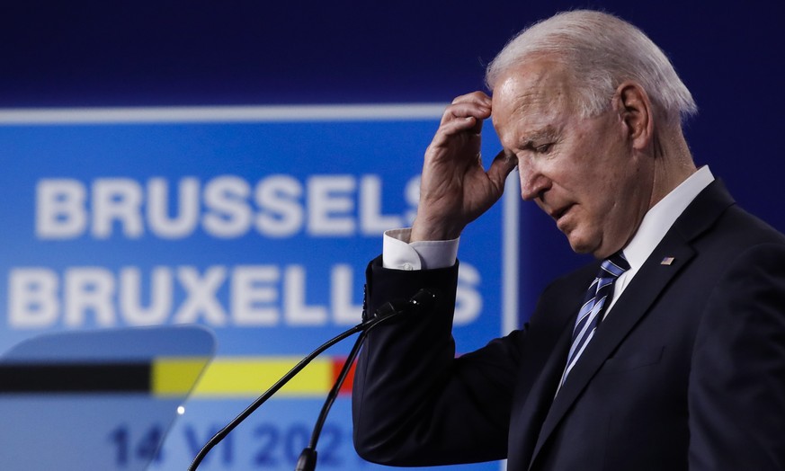 epa09271740 US President Joe Biden gives a press conference during a NATO summit at the North Atlantic Treaty Organization (NATO) headquarters in Brussels, Belgium, 14 June 2021. The 30-nation allianc ...