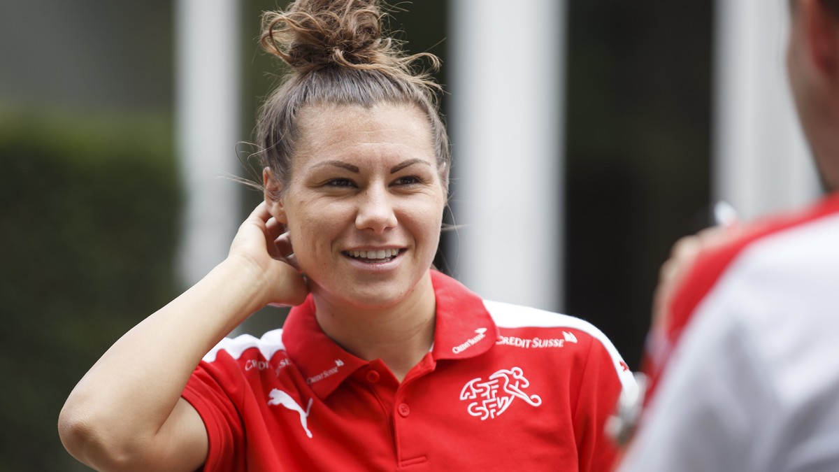 epa06099183 Switzerland's forward Ramona Bachmann waits prior to an interview with reporters in Doorwerth, The Netherlands, Thursday, July 20, 2017. The team of Switzerland plays Iceland in their ...