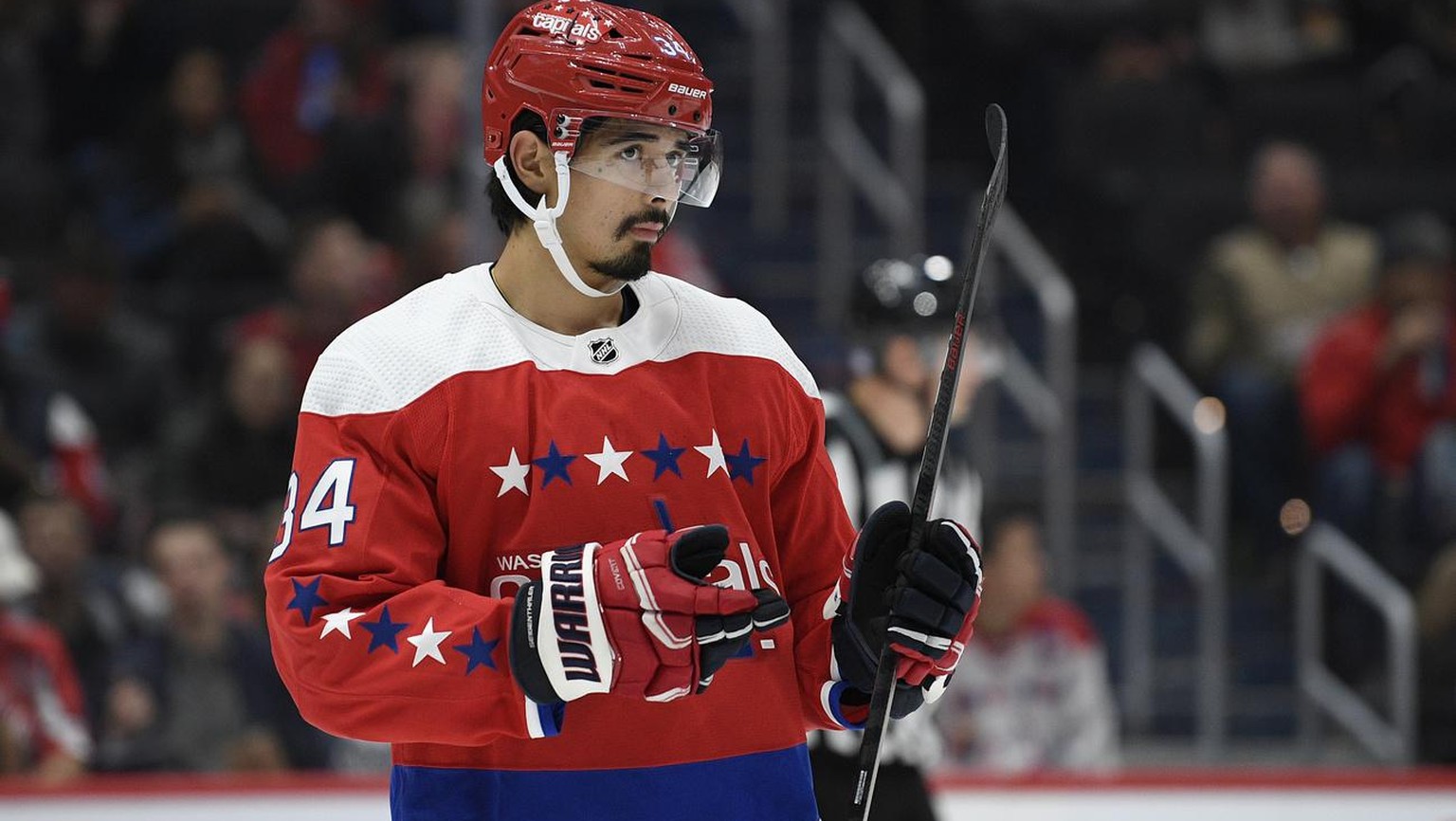 Washington Capitals defenseman Jonas Siegenthaler (34), of Switzerland, stands on the ice during the first period of an NHL hockey game against the Arizona Coyotes, Monday, Nov. 11, 2019, in Washingto ...