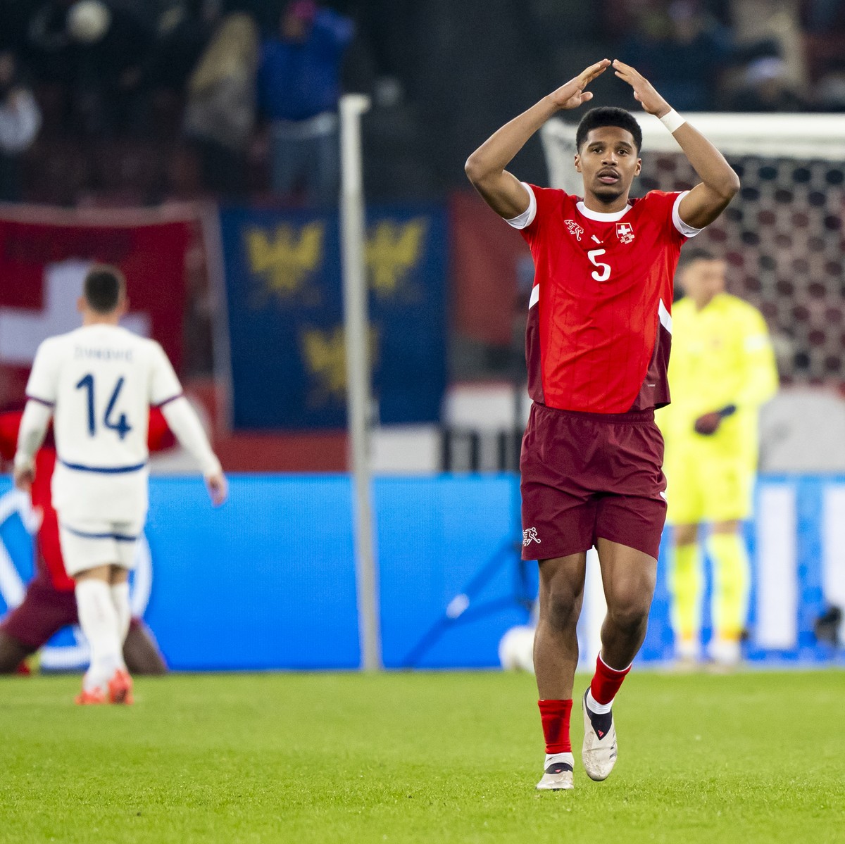 Switzerland's defender Aurele Amenda reacts during the UEFA Nations League soccer match between Switzerland and Serbia at the Letzigrund stadium in Zurich, Switzerland on Friday, November 15, 202 ...