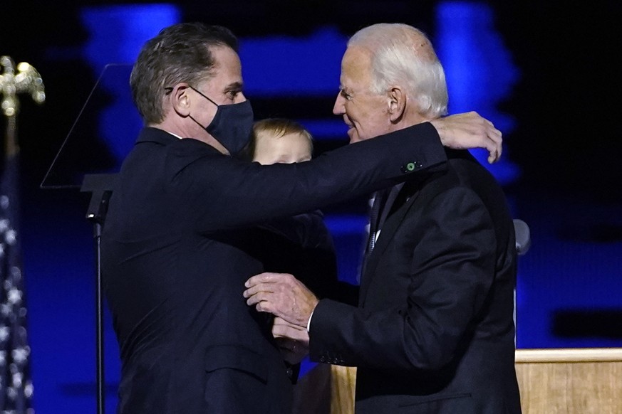 President-elect Joe Biden, right, embraces his son Hunter Biden, left, Saturday, Nov. 7, 2020, in Wilmington, Del. (AP Photo/Andrew Harnik, Pool)
Joe Biden,Hunter Biden