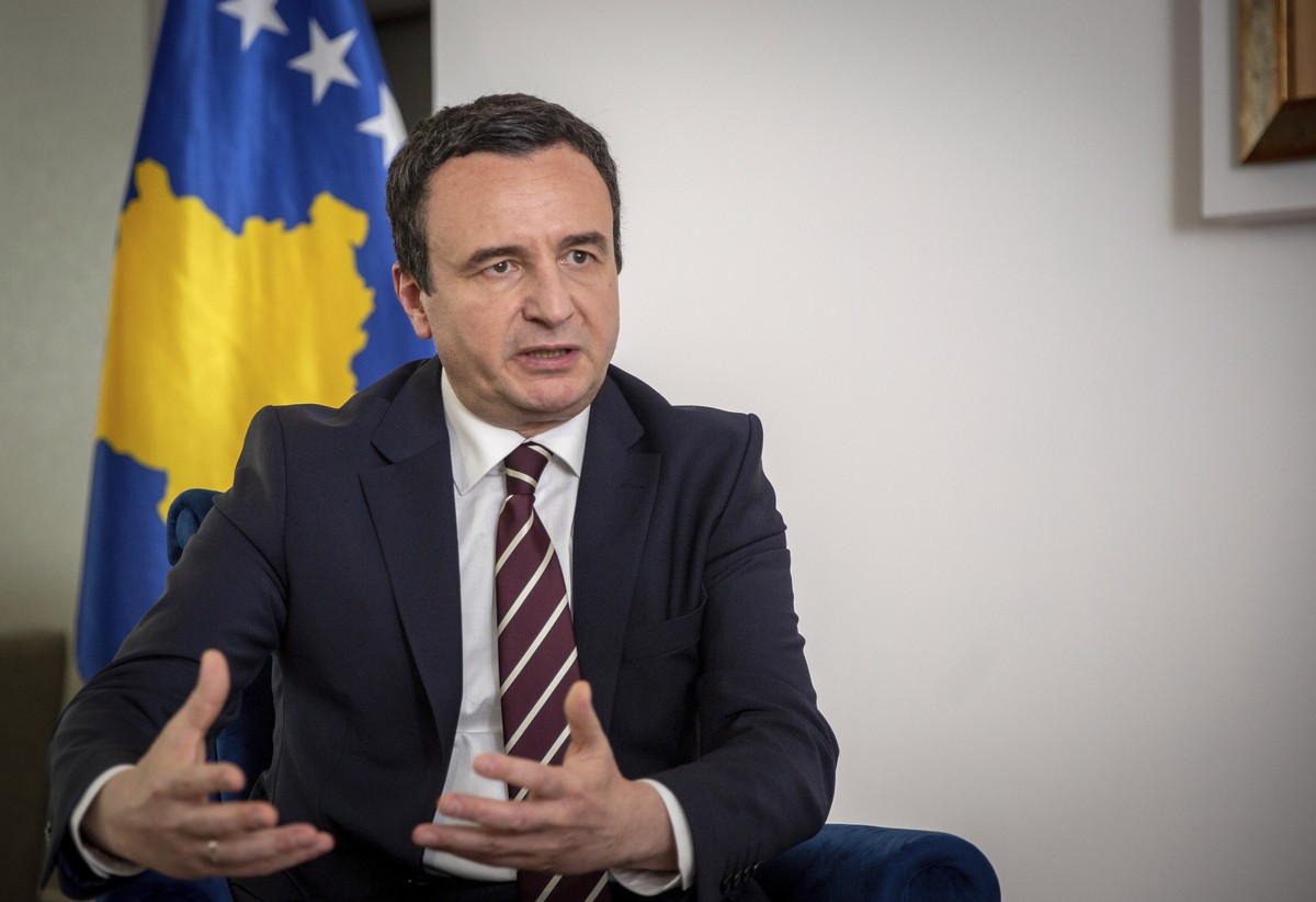 Kosovo Prime Minister Albin Kurti gestures during an interview with The Associated Press in Kosovo's capital Pristina on Thursday, June 8, 2023. Kurti on Thursday complained of bias to his countr ...