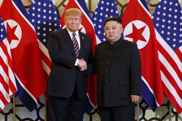 FILE - U.S. President Donald Trump, left, poses with North Korean leader Kim Jong Un for a photo in Hanoi, Vietnam, on Feb. 27, 2019. Even for a nation that has perfected the provocative, North Korean ...