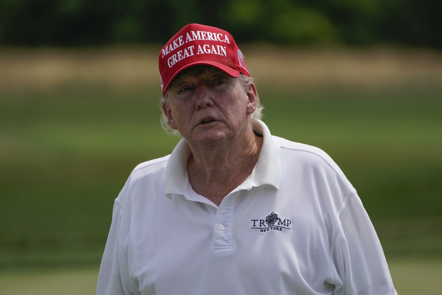 Former President Donald Trump plays during the pro-am round of the Bedminster Invitational LIV Golf tournament in Bedminster, NJ., Thursday, July 28, 2022. (AP Photo/Seth Wenig)
Donald Trump