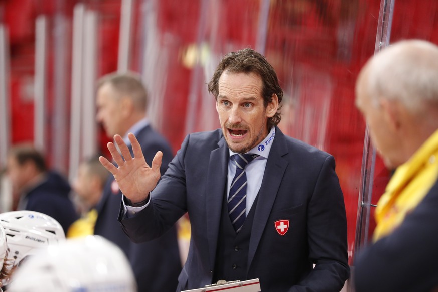 Switzerland&#039;s head coach Patrick Fischer gestures, during the Beijer Hockey Games (Euro Hockey Tour) between Switzerland and the Czech Republic, at Avicii Arena in Stockholm, Sweden, Sunday, May  ...