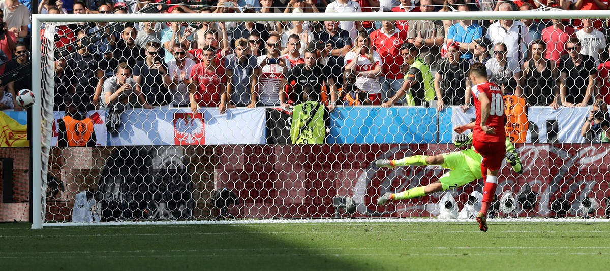 Switzerland's Granit Xhaka misses a penalty kick during the Euro 2016 round of 16 soccer match between Switzerland and Poland, at the Geoffroy Guichard stadium in Saint-Etienne, France, Saturday, ...