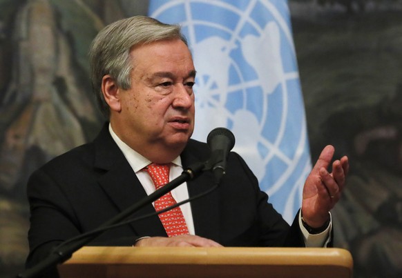 epa06826562 United Nations Secretary General Antonio Guterres attends a press conference after his meeting with Russian Foreign Minister Sergei Lavrov in Moscow, Russia, 21 June 2018. Reports state th ...