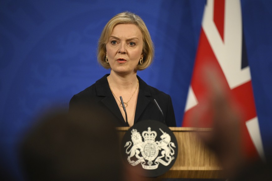 Britain&#039;s Prime Minister Liz Truss holds a press conference in the Downing Street Briefing Room in central London, Friday Oct. 14, 2022. Embattled British Prime Minister sacked her Treasury chief ...